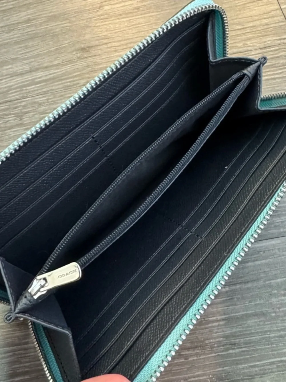 Coach Accordion Metallic Teal Zip Wallet with Gold Logo